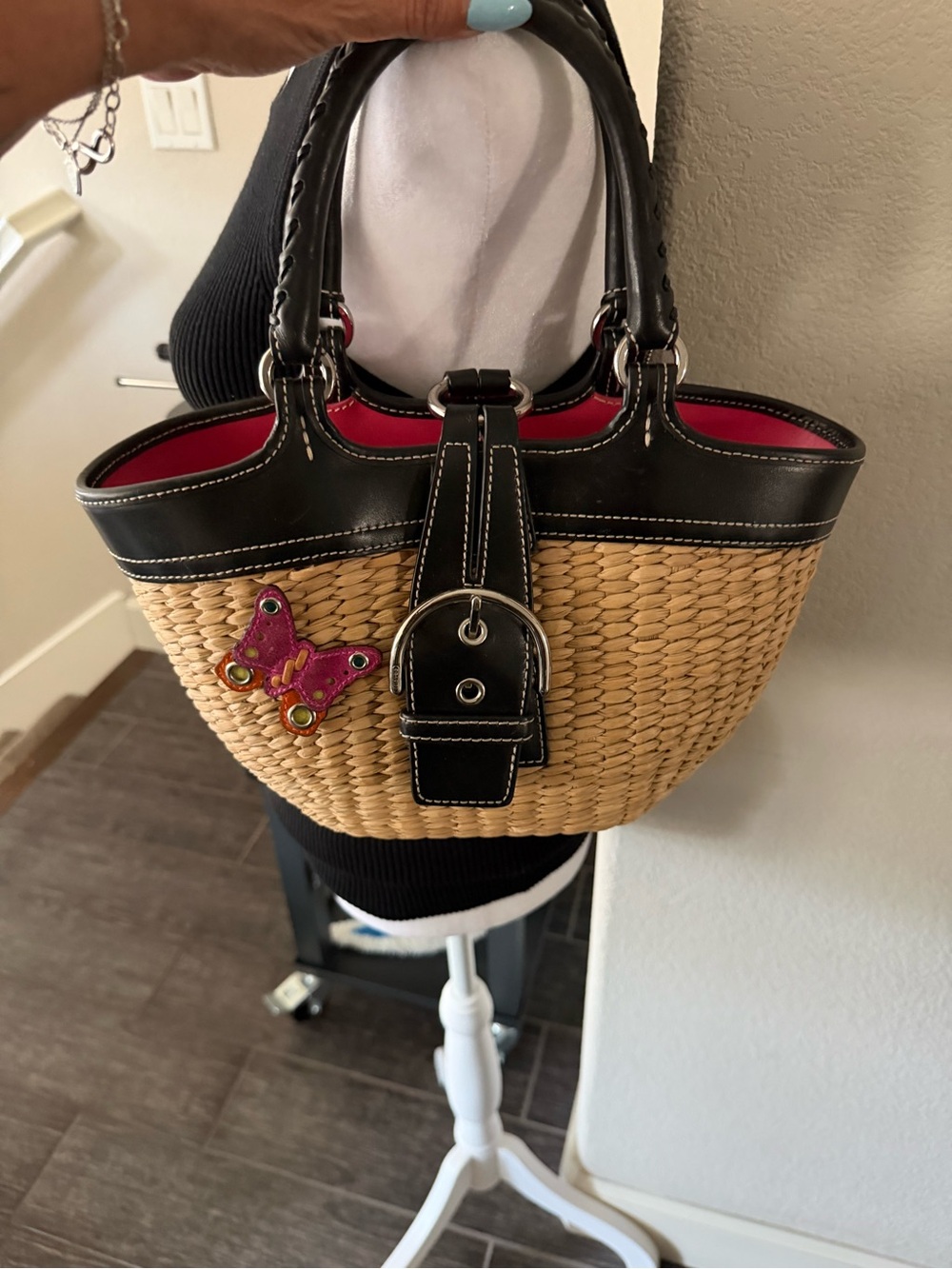 Coach Straw Tote with Black Trim and Pink Interior Accent - Picture 13 of 13